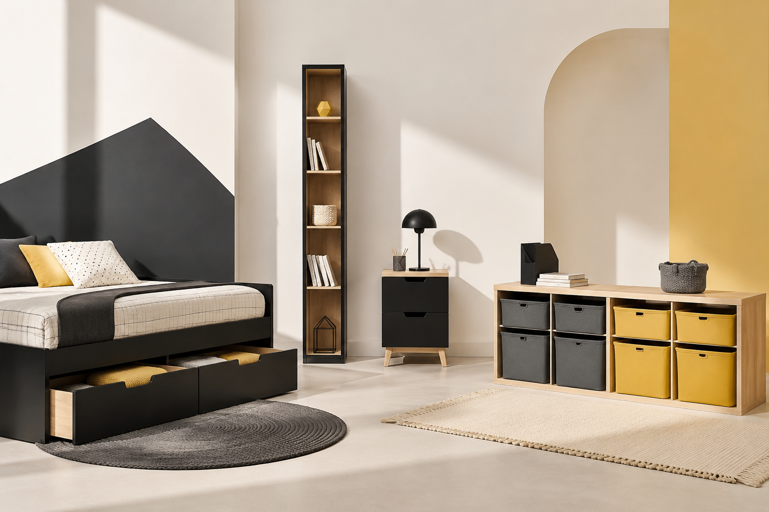 Modern storage furniture in a compact room